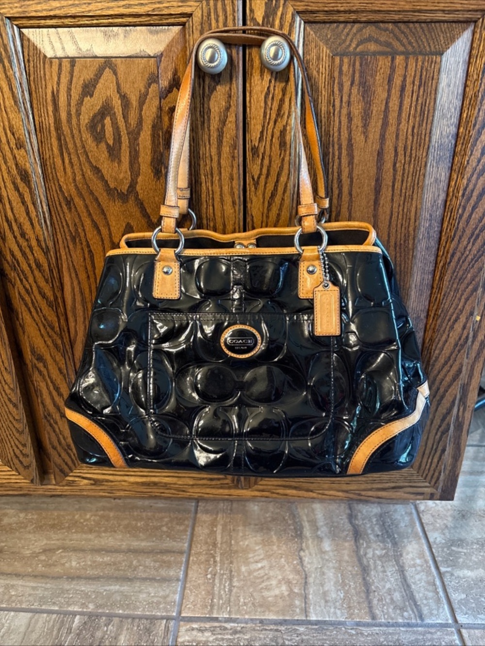 Coach Black Patent Leather Shoulder Bag with Tan Trim